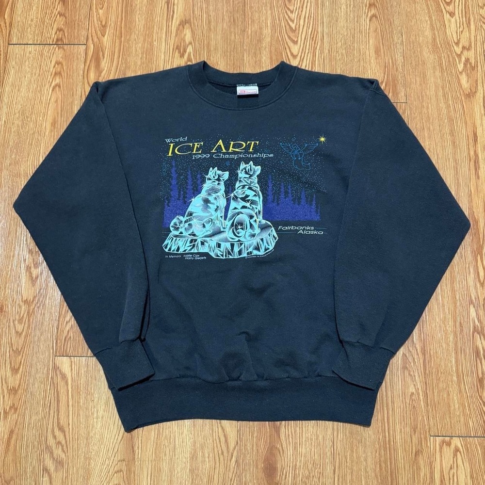 Vintage Ice Art Men's Sweatshirt Medium Black Sculpture Championships Wolf